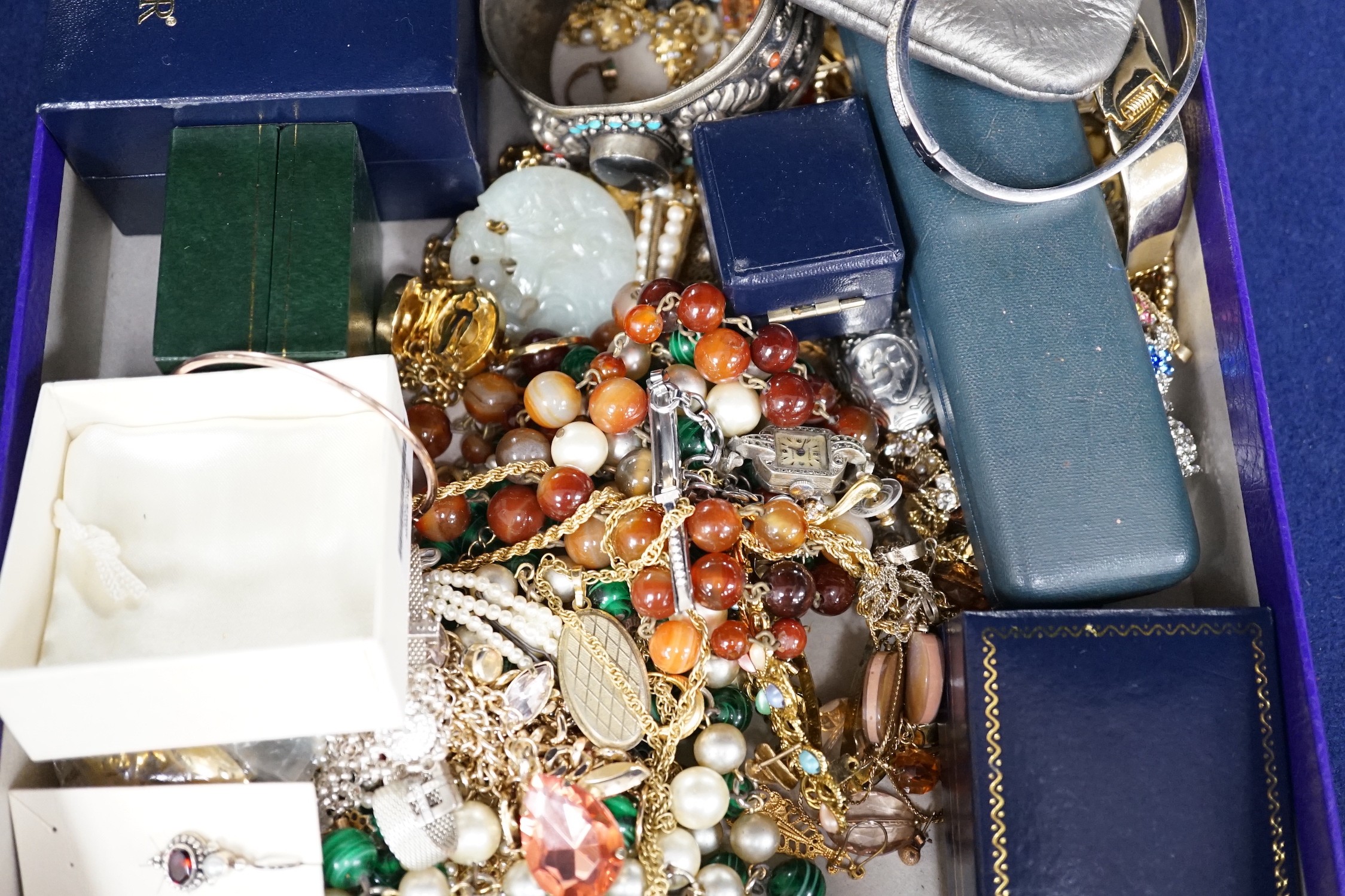 An assortment of costume and other jewellery, including white metal charm bracelet, 925 pendant on chain etc.